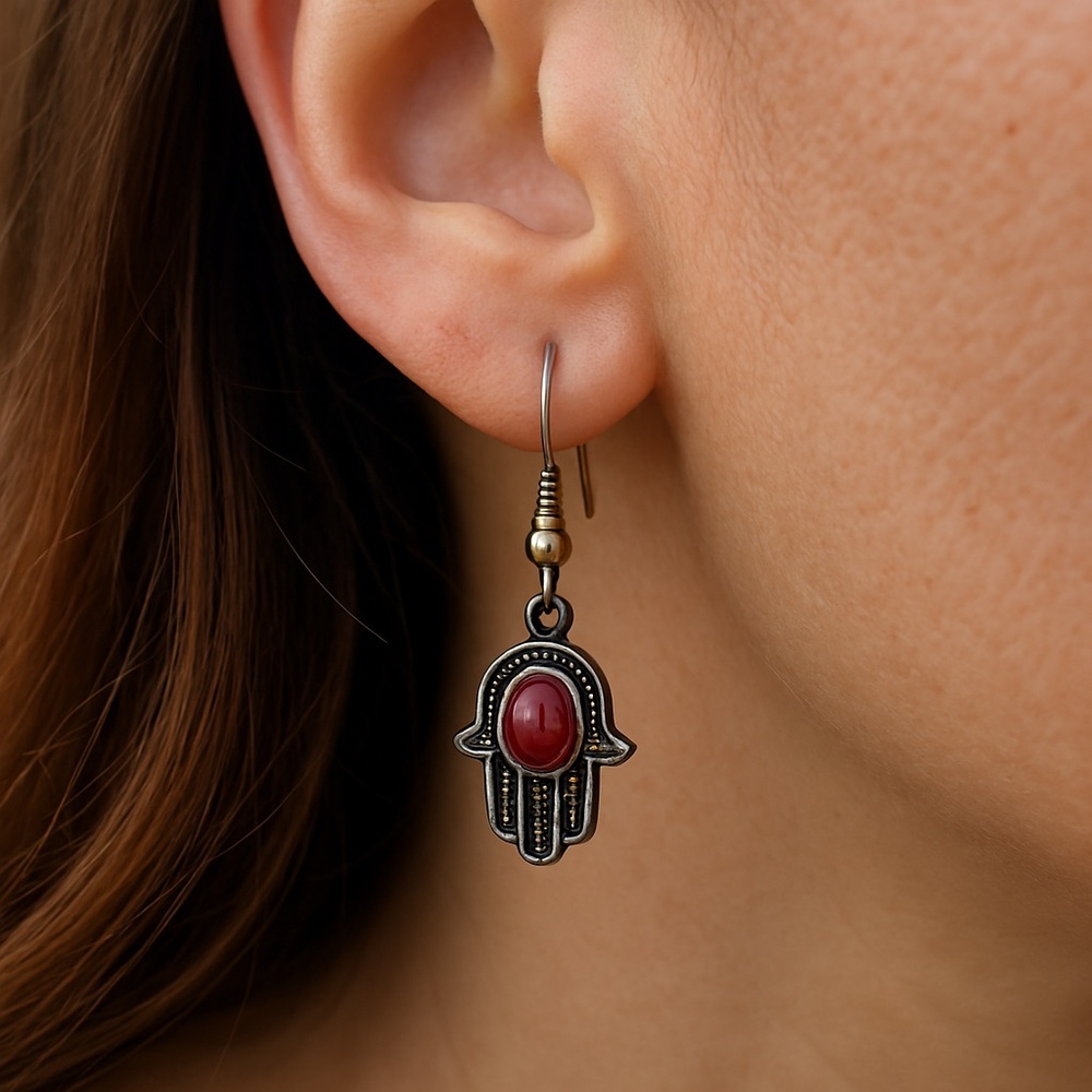 Hamsa Dangle Earrings Silvertone etched Red spinner Evil Eye 1” long